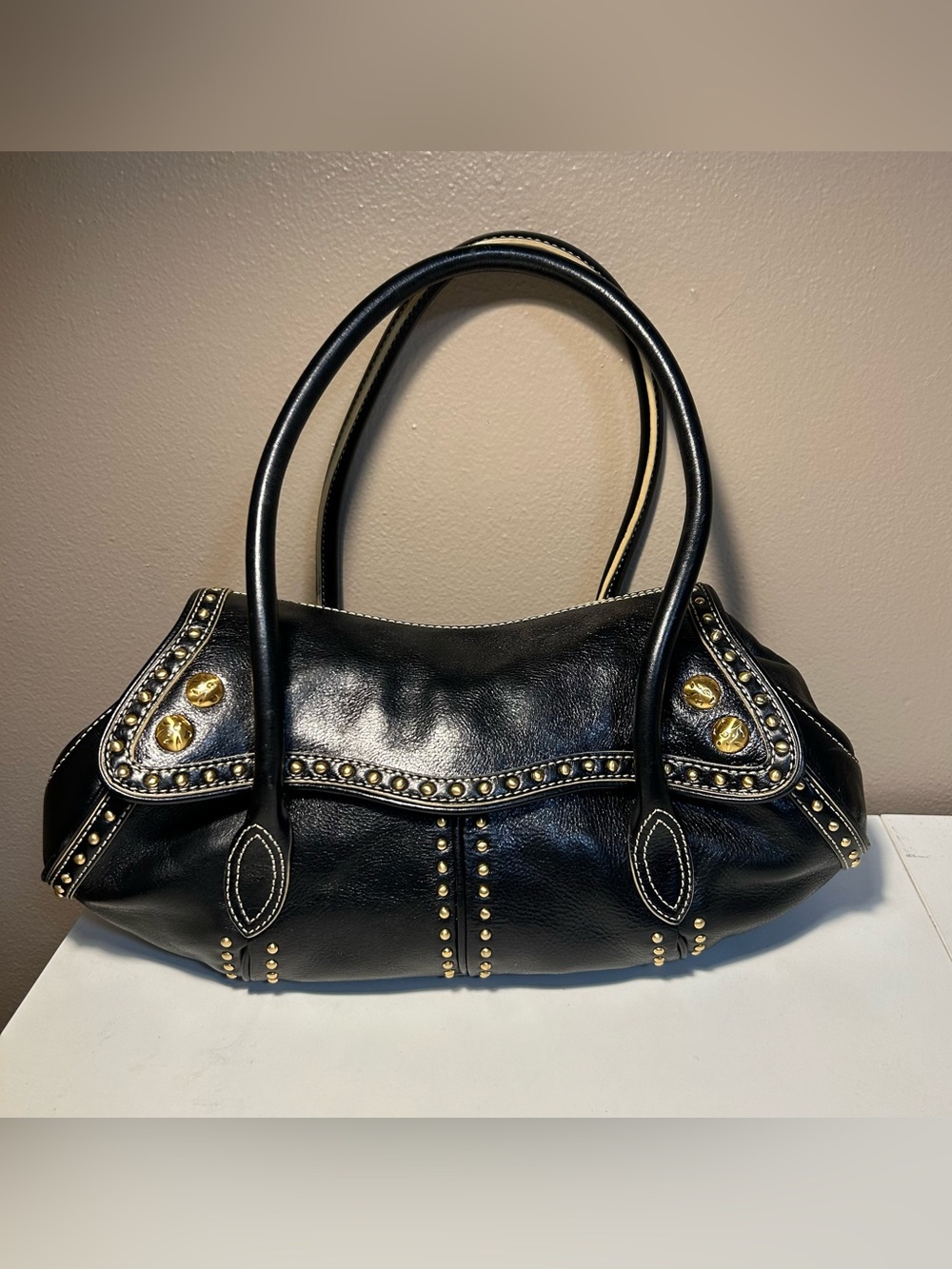 Maxx New York Leather Satchel Black Gold Studding Western Rare EUC